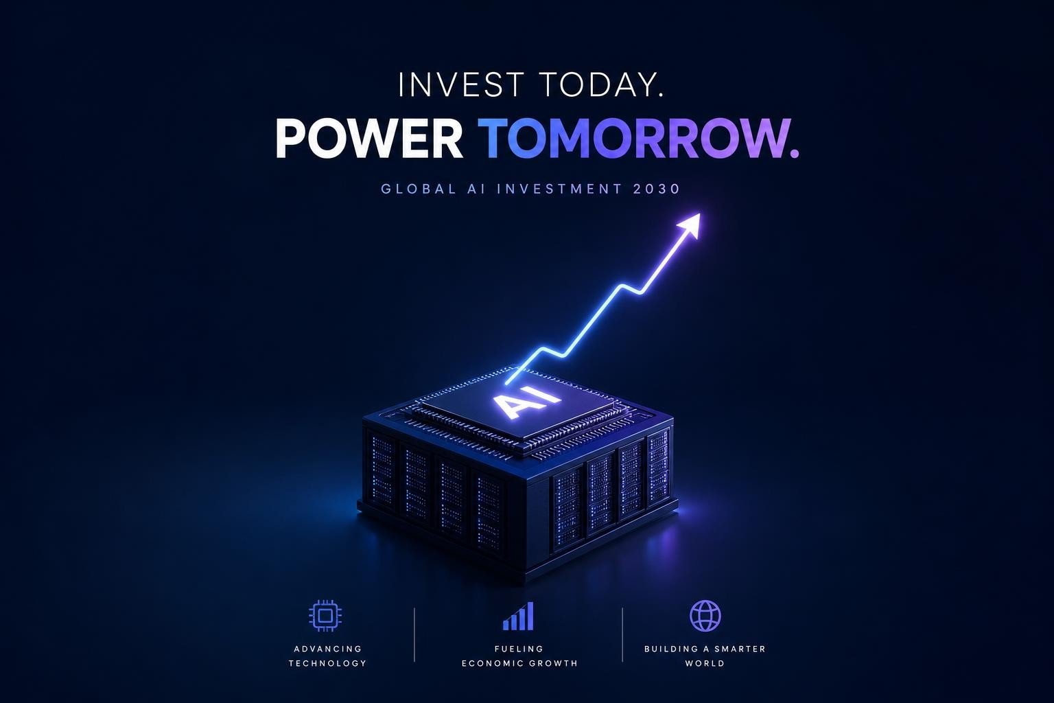 Illustration of global AI investment, data centers and growth toward 2030
